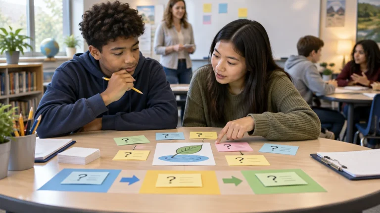 Two students at a classroom table sort colorful question cards around a leaf-and-water illustration while a teacher and other students work in the background.