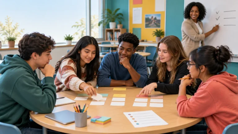 Five students sit around a classroom table sorting colored cards while a teacher marks checkboxes on a whiteboard behind them.